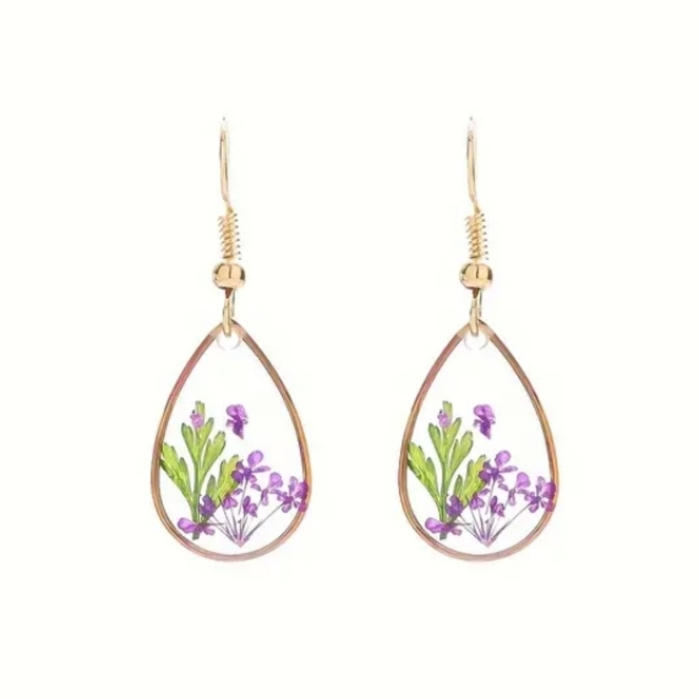 🆕️Artisan With Real Floral & ResinElegant Gold and Purple Floral Earrings